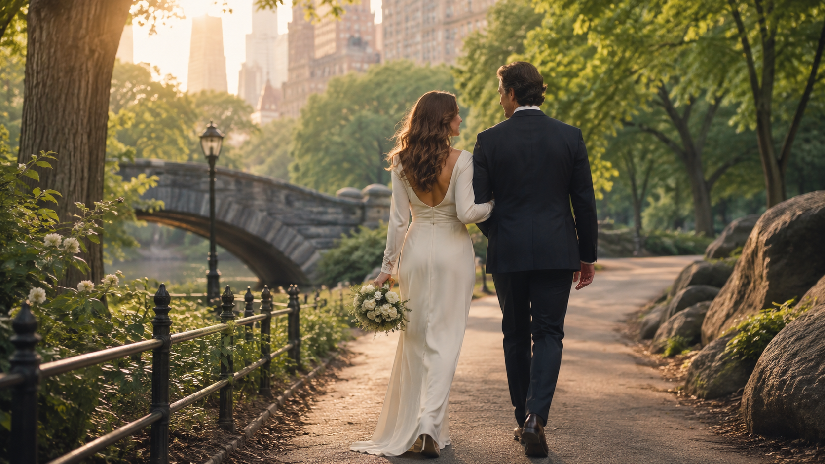 Couple walking in Central Park after renewing their vows